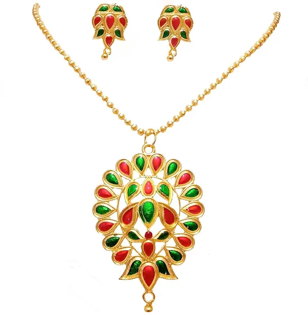 Assamese_Traditional_Gold_Plated_Red_Green_Colour_Dugdugi_Chain_Jewellery_Set_For_Women